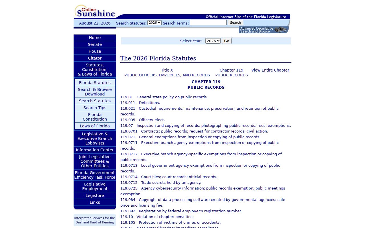 Florida Statutes chapter 119 public records law