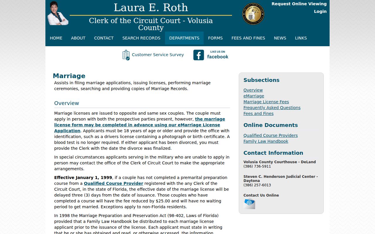 Volusia County marriage records and copy options