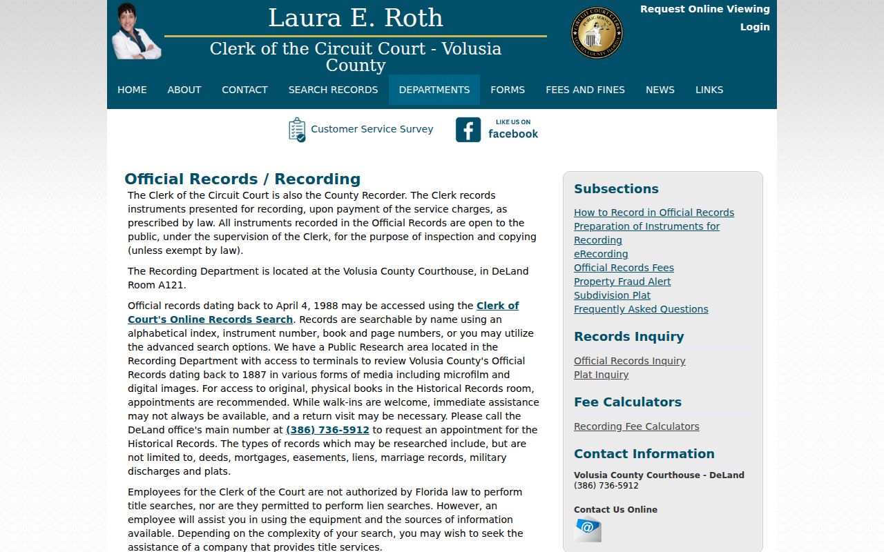 Volusia Clerk Official Records coverage information for previous Ormond Beach owners