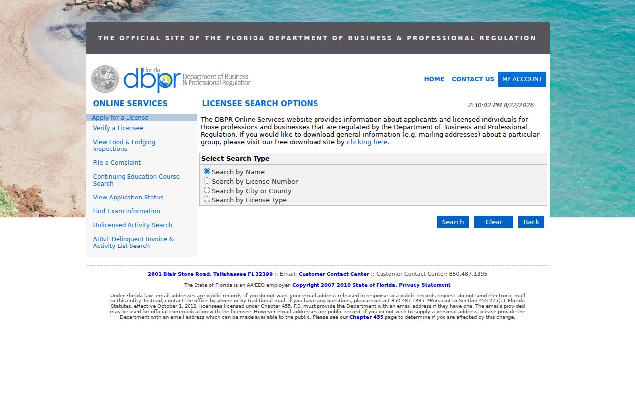 Ormond Beach resident lookup Florida professional license search