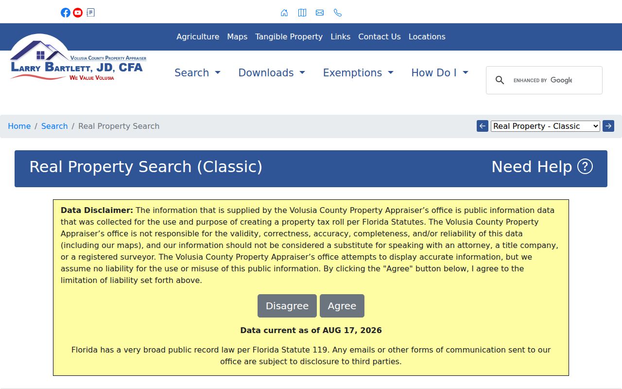 Volusia County Property Appraiser classic address search for Ormond Beach streets