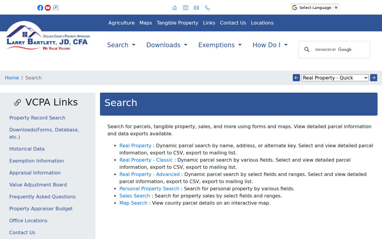 VCPA directory of property and map search modes for Ormond Beach